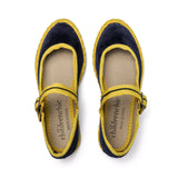 Velvet Contrast Mary Janes in Navy and Marygold