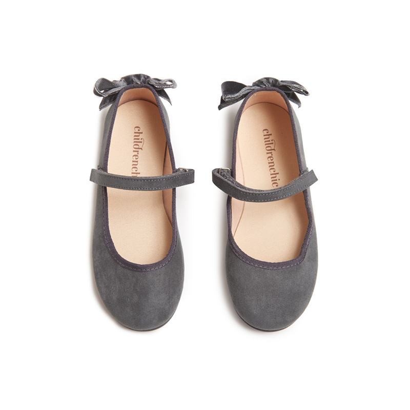 Suede Mary Janes with Velvet Bow in Grey