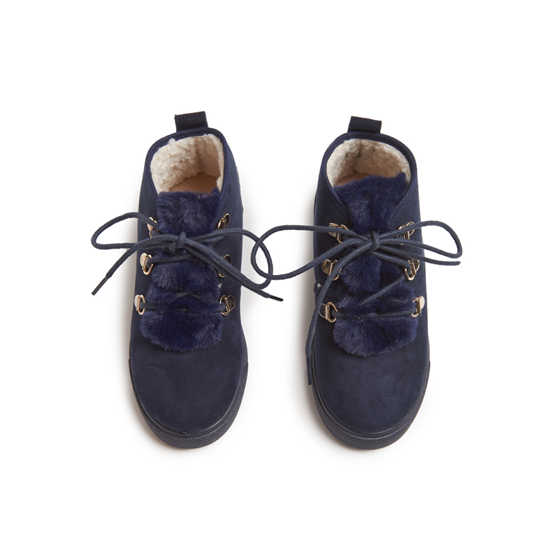 Suede Lace-Up Booties with Faux-Fur in Navy