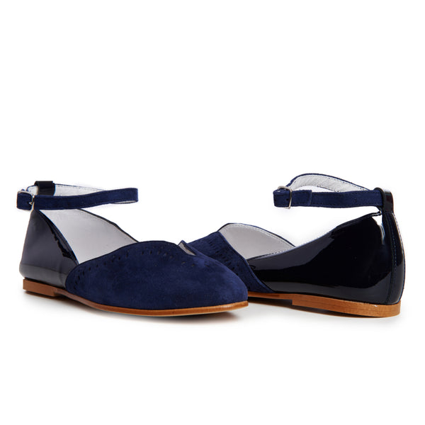 Suede and Patent Ankle Ballerinas in Navy