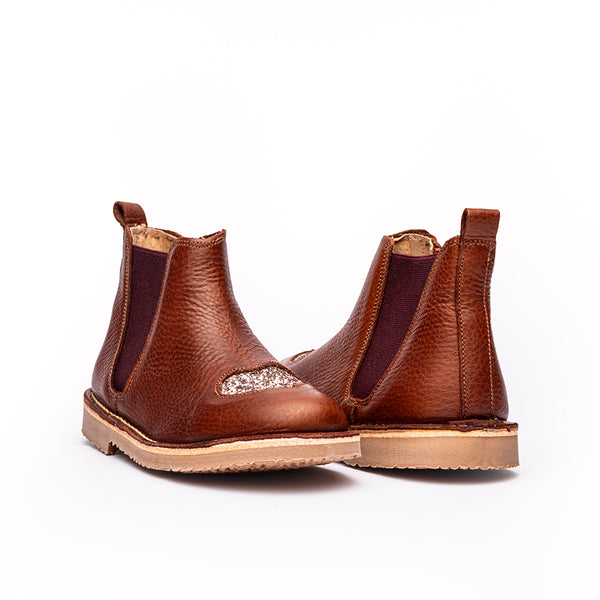 Leather Chelsea Boot in Brown with Glitter Heart
