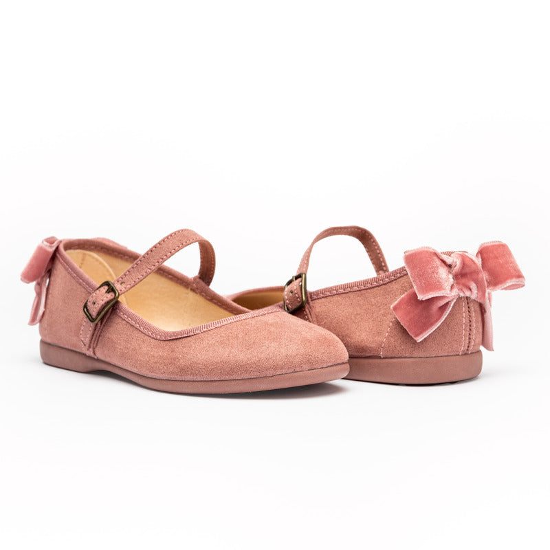 Suede Mary Janes with Velvet Bow in Pink