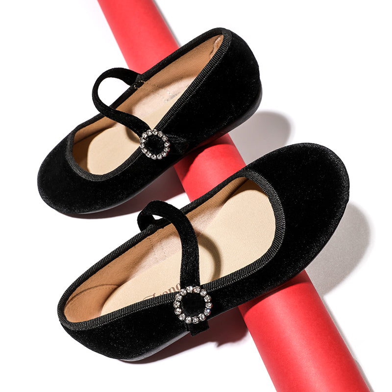 Black Velvet Girl Mary Janes With Jewel Buckle