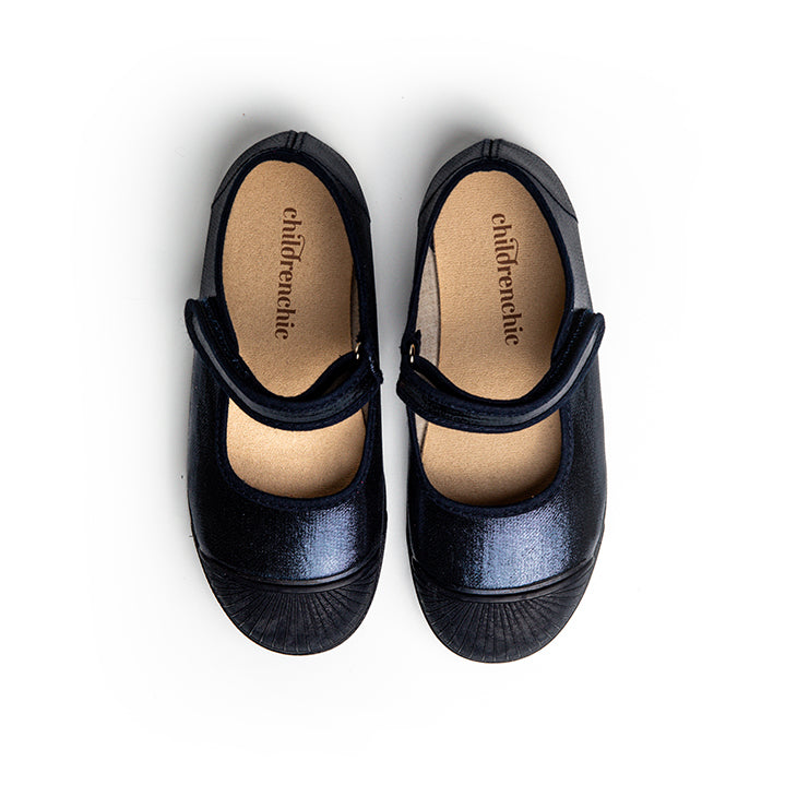 Navy Metallic Leather Cap Toe Mary Jane Shoes