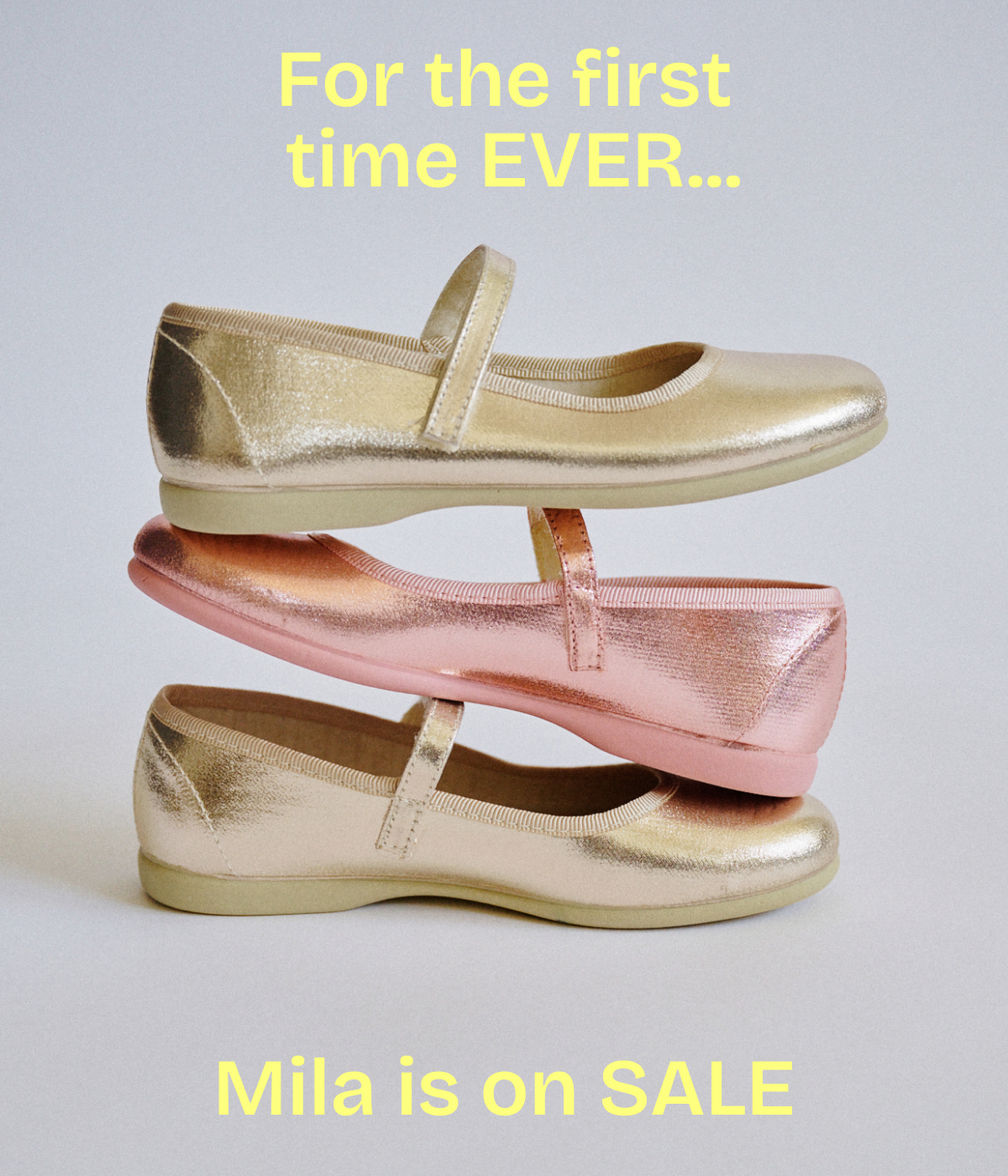 Gold and pink shoes stacked on a light gray background with promotional text.