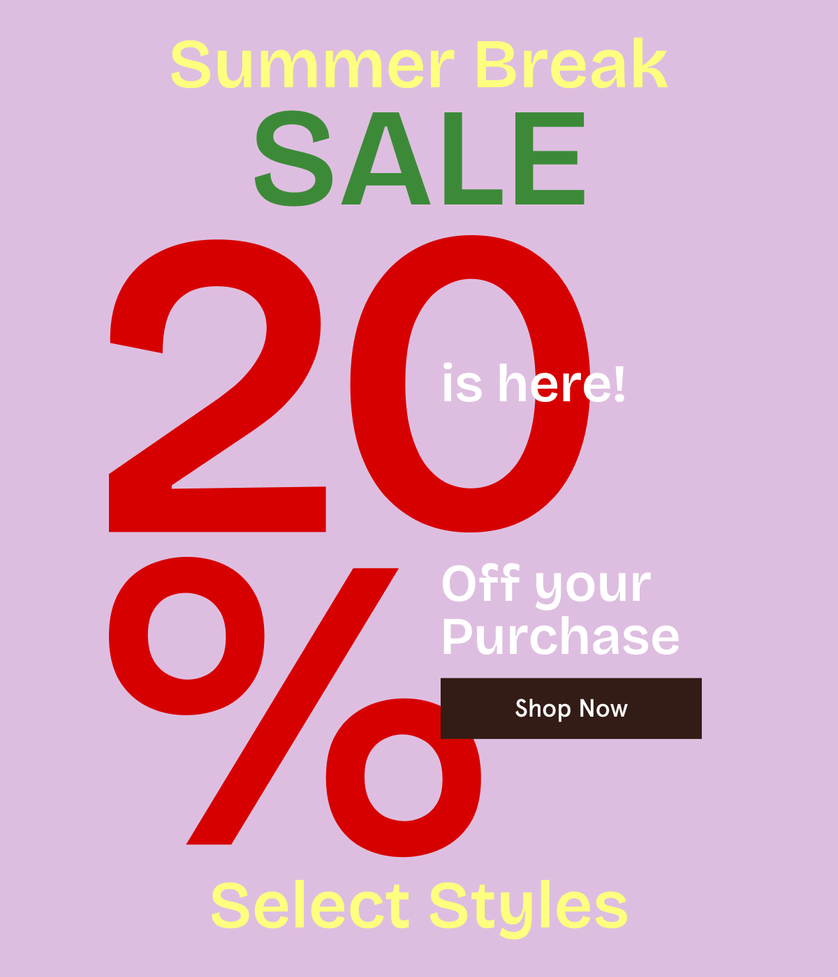 Summer break sale advertisement with 20% off text on a pink background