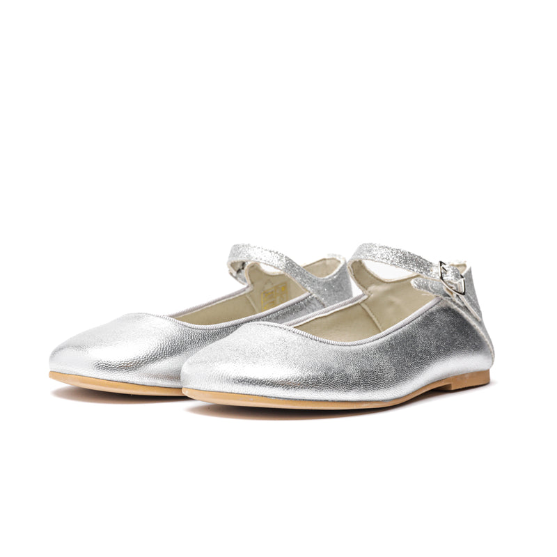 Glitter and Leather Ankle Mary Jane in Silver