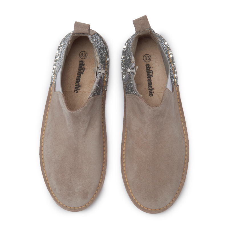 Glitter and Suede Chelsea Boots in Taupe