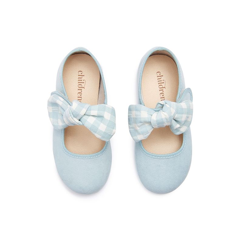 Suede Bow Mary Janes in Blue Gingham
