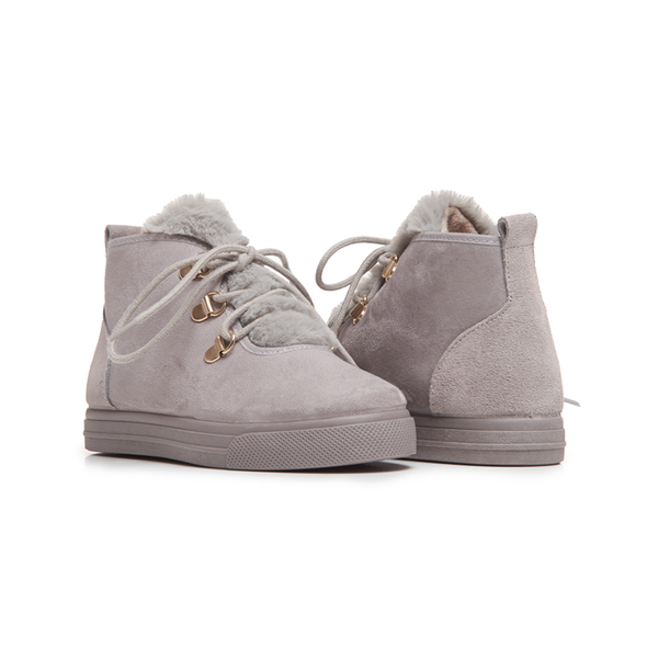 Suede Lace-Up Booties with Faux-Fur in Grey