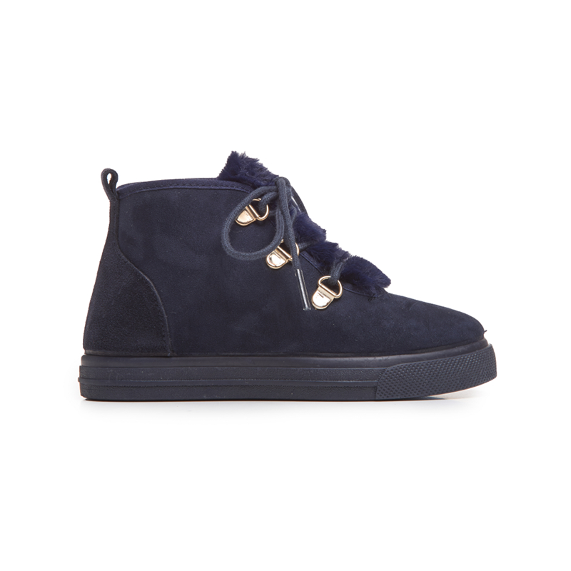 Suede Lace Up Booties with Faux Fur in Navy childrenchic